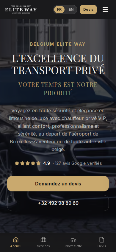 Vue mobile accueil de Belgium Elite Way